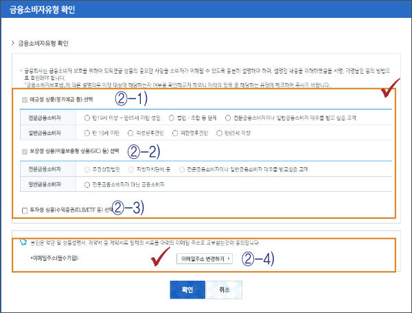 예금성 상품(정기예금 등) 선택 ②-1), 본인은 약관 및 상품설명서 ②-2)