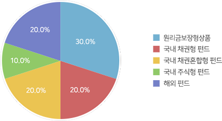 원리금보장형상품 30.0% , 국내 채권형 펀드 20.0% , 국내 채권혼합형 펀드 20.0%, 국내 주식형 펀드 10.0%, 해외 펀드 20.0%