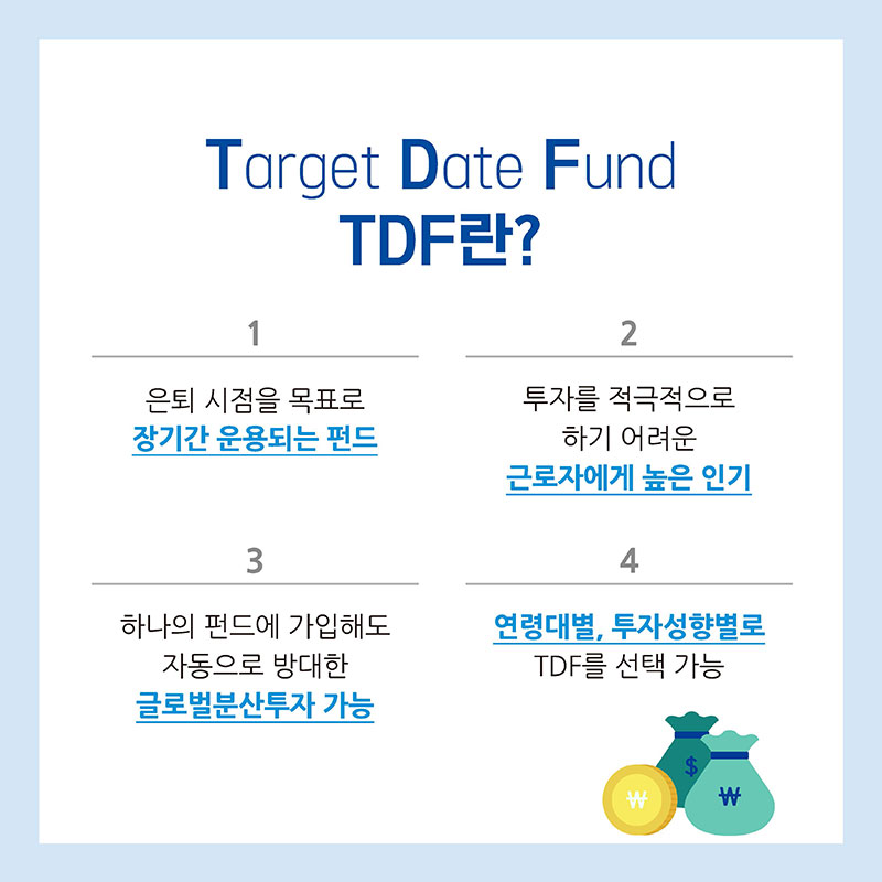 Target Date Fund TDF란? 1 은퇴 시점을 목표로 장기간 운용되는 펀드 2 투자를 적극적으로 하기 어려운 근로자에게 높은 인기 3 하나의 펀드에 가입해도 자동으로 방대한 글로벌분산투자 가능 4 연령대별, 투자성향별로 TDF를 선택 가능