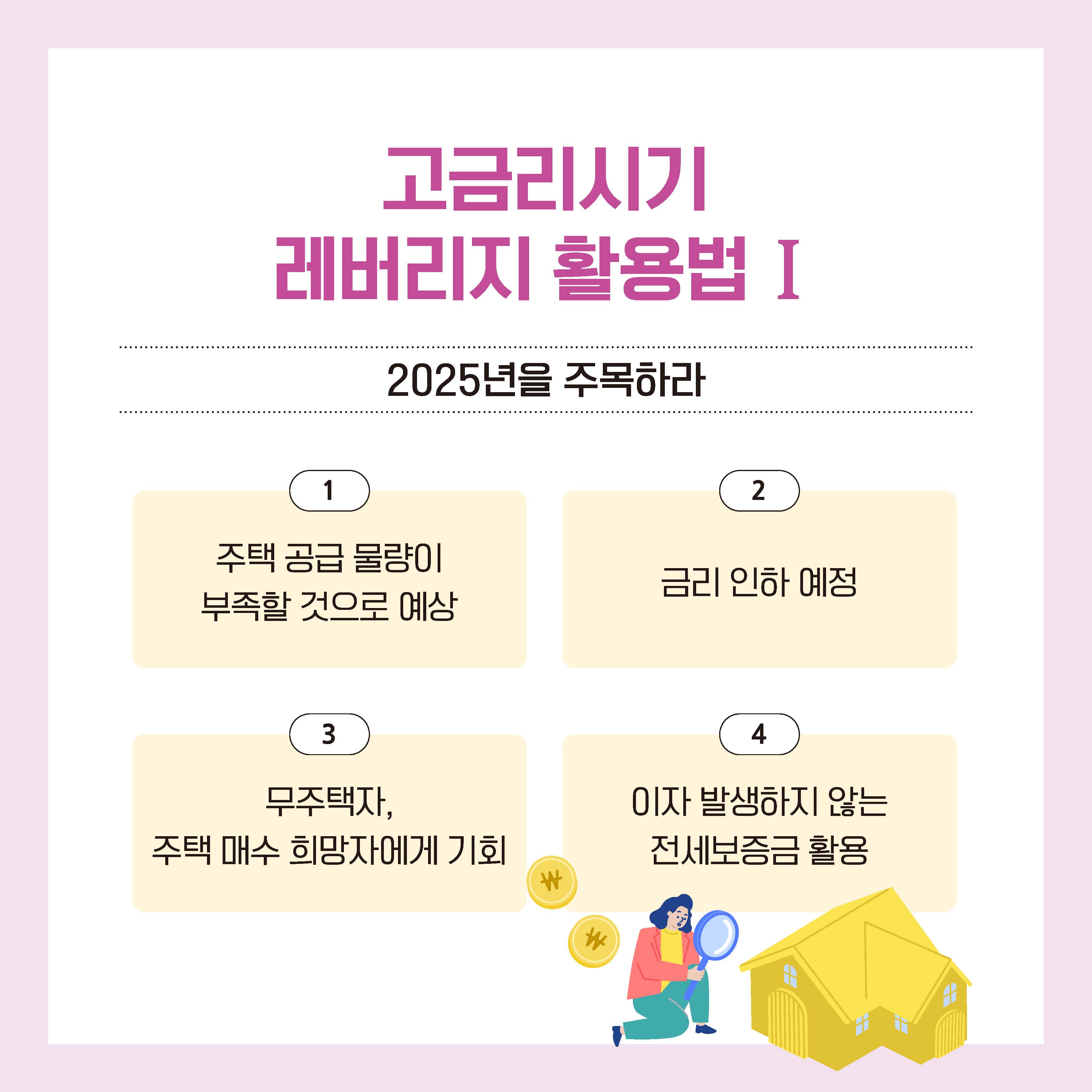 주택 공급 물량이 부족할 것으로 예상 무주택자, 주택 매수 희망자에게 기회 금리 인하 예정 이자 발생하지 않는 전세보증금 활용 고금리시기 레버리지 활용법Ⅰ2025년을 주목하라